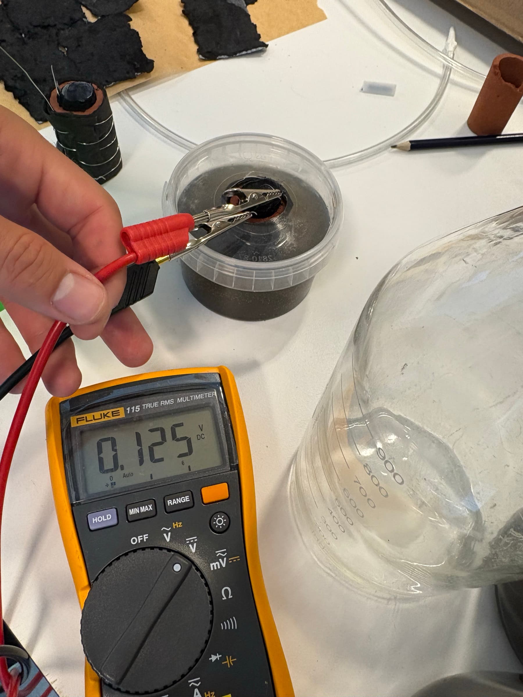 Microbial fuel cell setup during early electrical testing