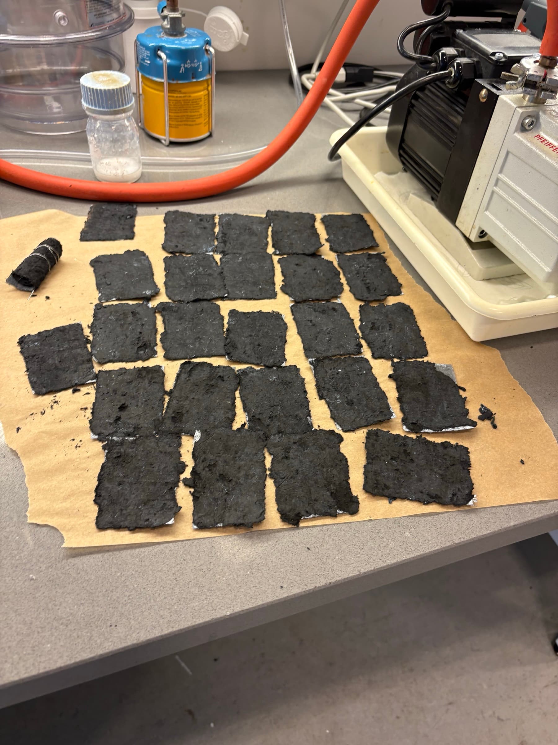 Prepared microbial fuel cell electrode parts on the lab bench